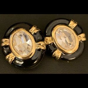 Vintage black and gold tone clip on earrings with cubic zirconium circa 1980s